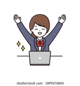 Illustration of a high school girl hurraying in front of a computer
