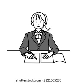 It is a ｍonochrome illustration of a high school girl or a junior high school girl who wears a uniform and takes classes.Vector data that is easy to edit.