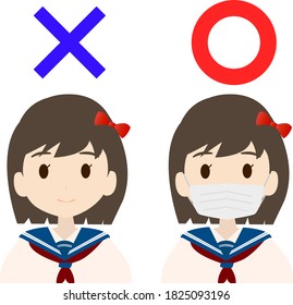 Illustration of a high school girl with a mask and a high school girl without a mask