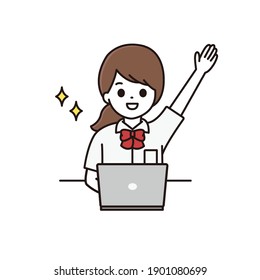 Illustration of a high school girl raising her hand with a smile in front of a computer