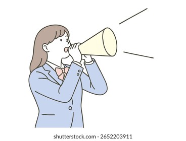 Ilustração de uma menina de escola alta no grito uniforme de marinheiro com um megafone