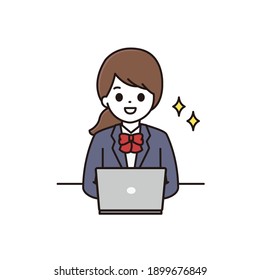 Illustration of a high school girl smiling in front of a computer