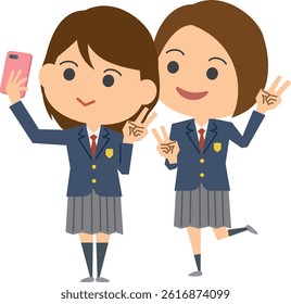 Illustration of a high school girl taking a selfie with her smartphone