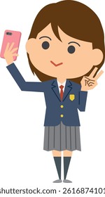 Illustration of a high school girl taking a selfie with her smartphone