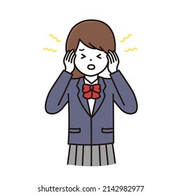 Illustration of a high school girl in school uniform suffering from tinnitus and headache