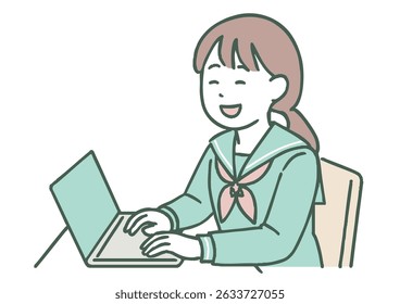 Illustration of a High School Girl Using a Laptop