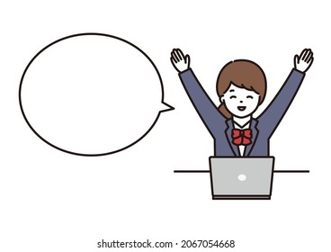 Illustration of high school girls and junior high school students hurraying with a smile in front of a laptop computer