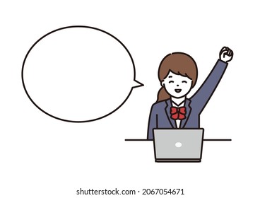 Illustration of high school girls and junior high school students doing guts poses with a smile in front of a laptop computer