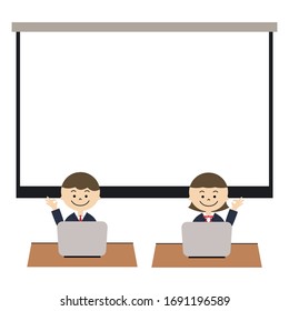 Illustration of high school student boy and girl doing presentation. ok hand sign
