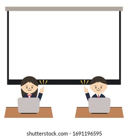 Illustration von Schülern und Mädchen in der Oberschule, die eine Präsentation machen. gutes Handzeichen