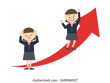 Illustration of high school student girl with upward arrow.