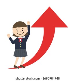 Illustration of high school student girl with upward arrow.