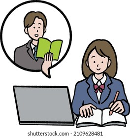 ilustración de un estudiante de secundaria tomando una clase en línea.