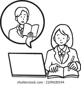 illustration of a high school student taking an online class, line art.
