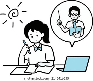 Illustration of a high school student taking a summer course online.