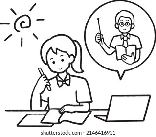Illustration of a high school student taking a summer course online, line art.