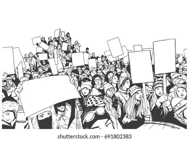 Illustration Of High School Students Demonstrating With Blank Signs In Black And White