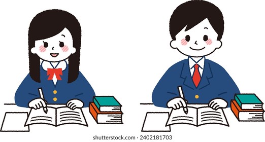 Ilustración de estudiantes de secundaria estudiando.