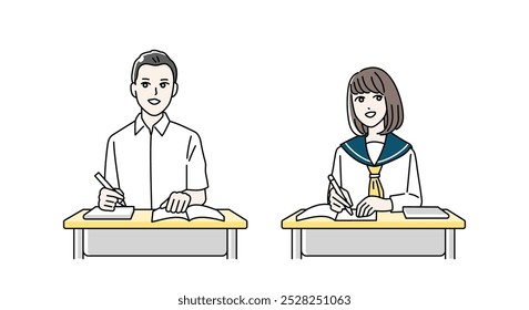 Ilustração de estudantes do ensino médio estudando em suas mesas