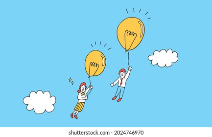 Illustration of High shcool students holding flying balloon.