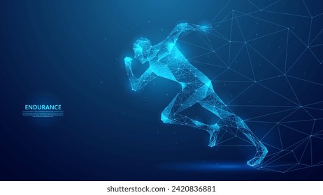 Illustration of a high speed runner crossing the finish line in blue low poly vector style. Background concept of achievement, speed and success