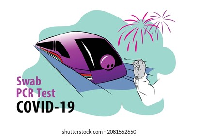 Illustration of a high speed train passenger PCR swab on a vacation trip. vector