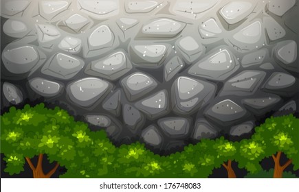 Illustration einer hohen Steinmauer mit Bäumen