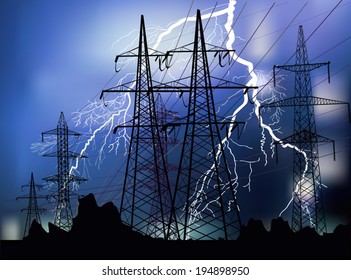 illustration with high voltage line at thunderstorm