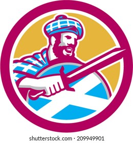 Illustration of a highlander scotsman with sword with Scotland flag on shield wearing tartan set inside circle done in retro style.