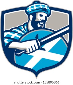 Illustration of a highlander scotsman wielding sword with Scotland flag on shield wearing tartan viewed from side set inside crest.