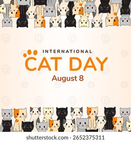 Illustration highlighting August as International Cat Day, featuring adorable cartoon cats, vibrant colors, and a cheerful atmosphere representing love for cats and their special dedicated day.