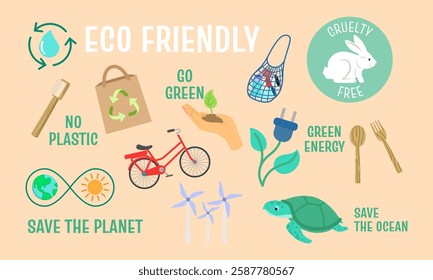 Illustration highlighting eco-friendly practices like recycling, green energy, and reducing plastic to promote a sustainable lifestyle