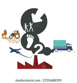 Ilustración que destaca los esfuerzos globales para reducir las emisiones de CO2 de la agricultura, el transporte y la industria, con un símbolo de huella y personas trabajando juntas para la reducción de carbono.
