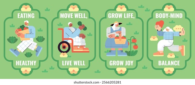 Illustration highlighting Healthy Aging for seniors through balanced living: eating healthy, staying active, growing joy, and nurturing body-mind harmony in a vibrant green setting.