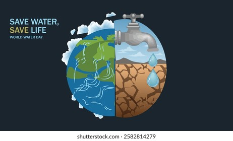 An illustration highlighting the importance of water conservation, showing the Earth split between healthy water resources and drought, with a faucet symbolizing the urgency to save water