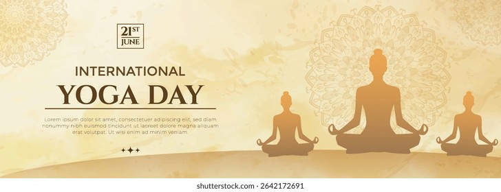 Illustration highlighting International Yoga Day with serene meditative figures and ornate mandala patterns against a soothing backdrop. mindfulness, and global celebration of yoga practices.