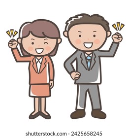 Illustration of highly motivated male and female businessmen with fist pumps