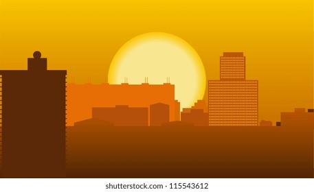 Illustration of the high-rise buildings of the city against the backdrop of the setting sun