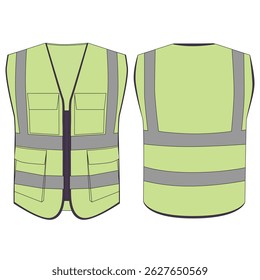Illustration of a high-visibility reflective safety vest in flat or lowbrow style, front and back view. Ideal for workwear designs, safety campaigns, industrial visuals, and protection concepts.