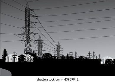 illustration with high-voltage line landscape
