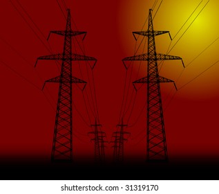 illustration with high-voltage line on sunset background