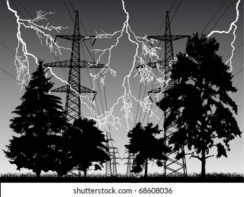 illustration with high-voltage line at thunderstorm