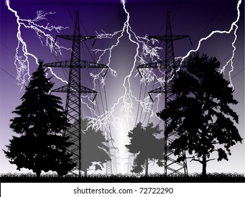 illustration with high-voltage line at thunderstorm