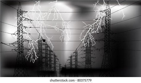 ilustración con línea de alta tensión en la tormenta eléctrica
