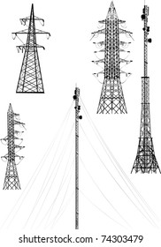 illustration with high-voltage lines isolated on white background
