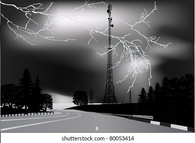 illustration with high-voltage tower at thunderstorm