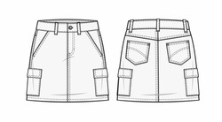 Illustration Of A High-waist Denim Skirt With Six Pockets, A Fashion Template Design Front Zip Fly, And Top Button Fastening. Fashion Flats. Fashion Illustration Template. Front And Back Cad Mockup