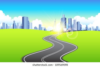 illustration of highway road going to urban city