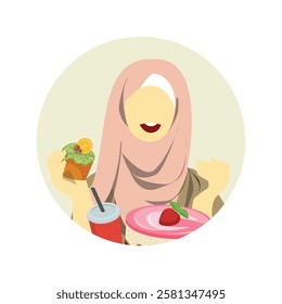 Illustration of hijab woman enjoying desserts, cupcake, cake, soda, flat design, food illustration, cheerful, sweet treats, culinary, lifestyle