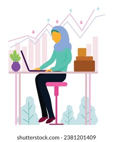 Illustration: Hijab woman as an online business owner and seller checking the market. E-commerce, business concept in a flat, simple design with a calming blue and green color scheme.